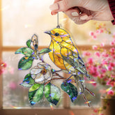 Yellow Bird Acrylic Suncatcher, Songbird on Branch with White Flower Window Hanging, Nature Inspired Stained Glass Style Home Decor Gift